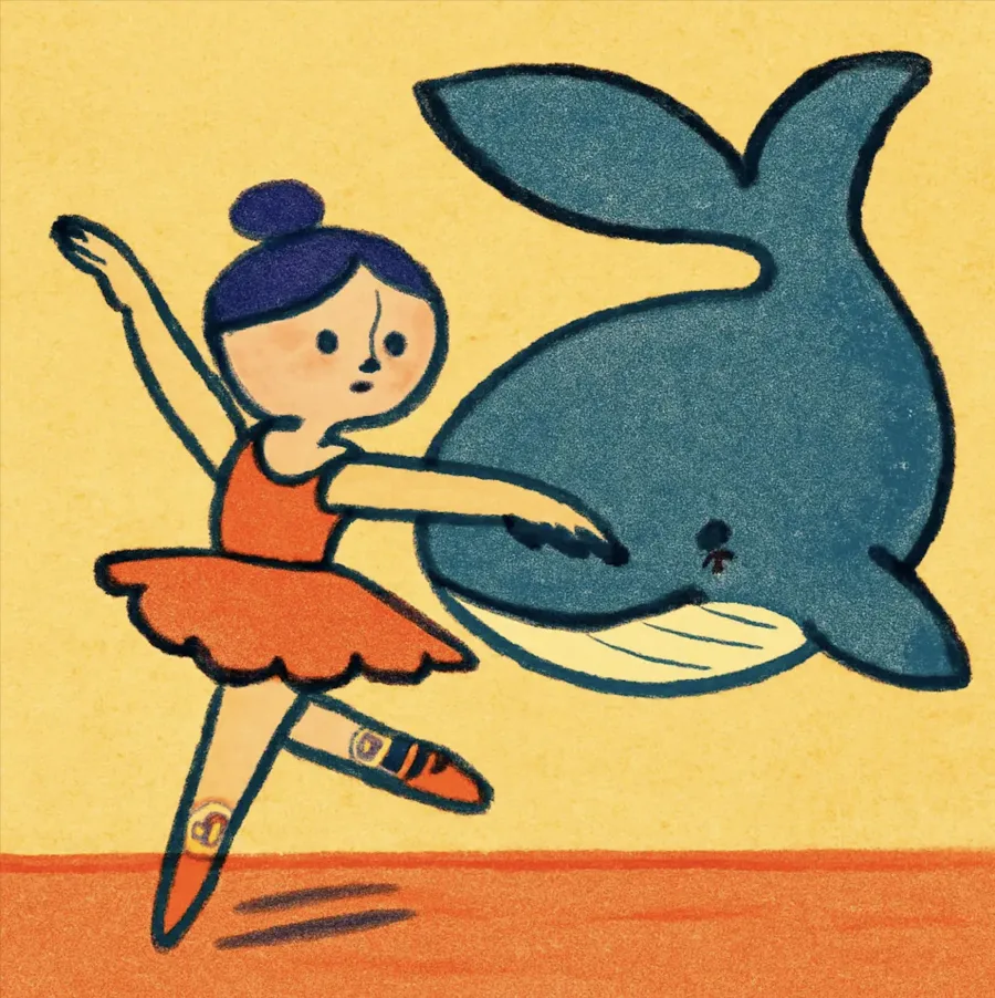 A ballerina in an orange tutu mid-pirouette, her body morphing into a large blue whale