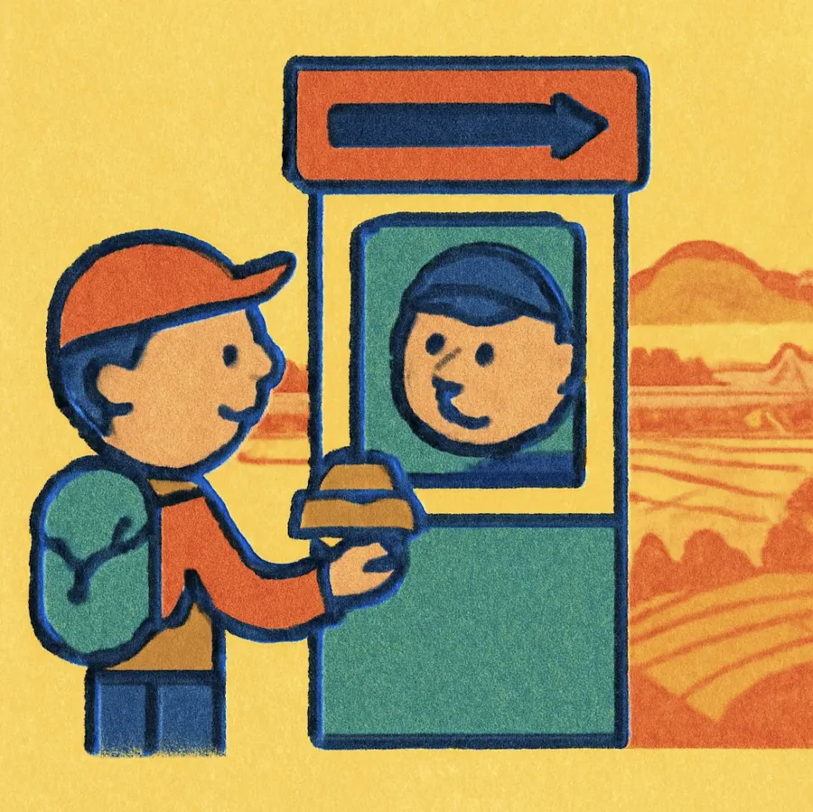 A traveler at a border checkpoint handing coins to a booth attendant, farmland stretching behind