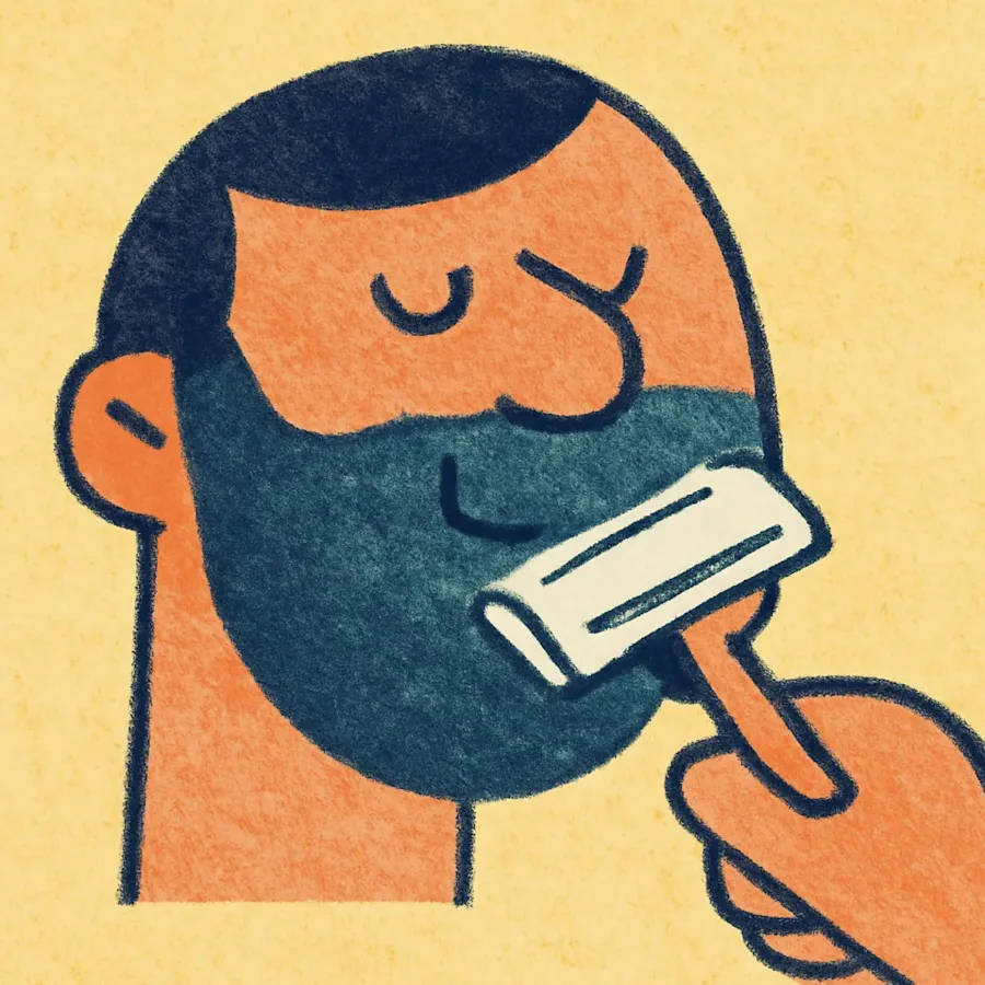 A bearded man drawing a razor down his cheek